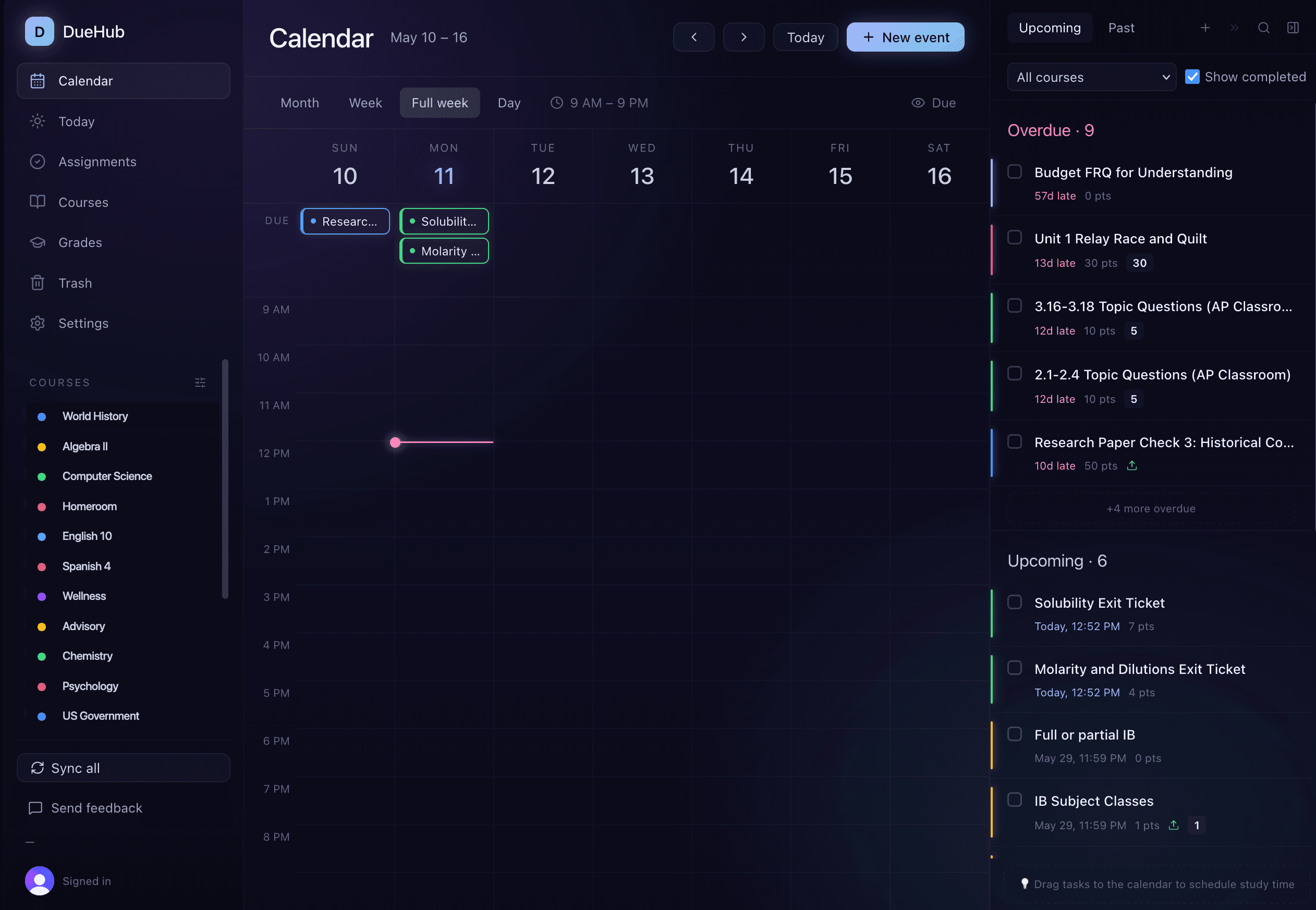 DueHub's calendar view showing color-coded assignments across a week.